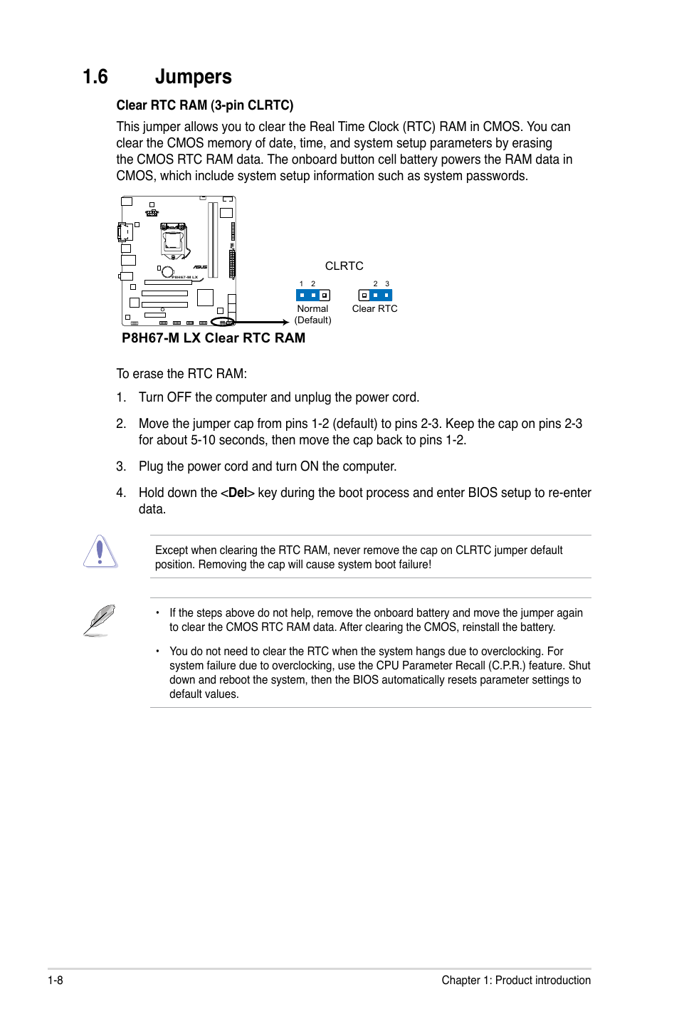6 jumpers, Jumpers -8 | Asus P8H67-M LX User Manual | Page 18 / 58