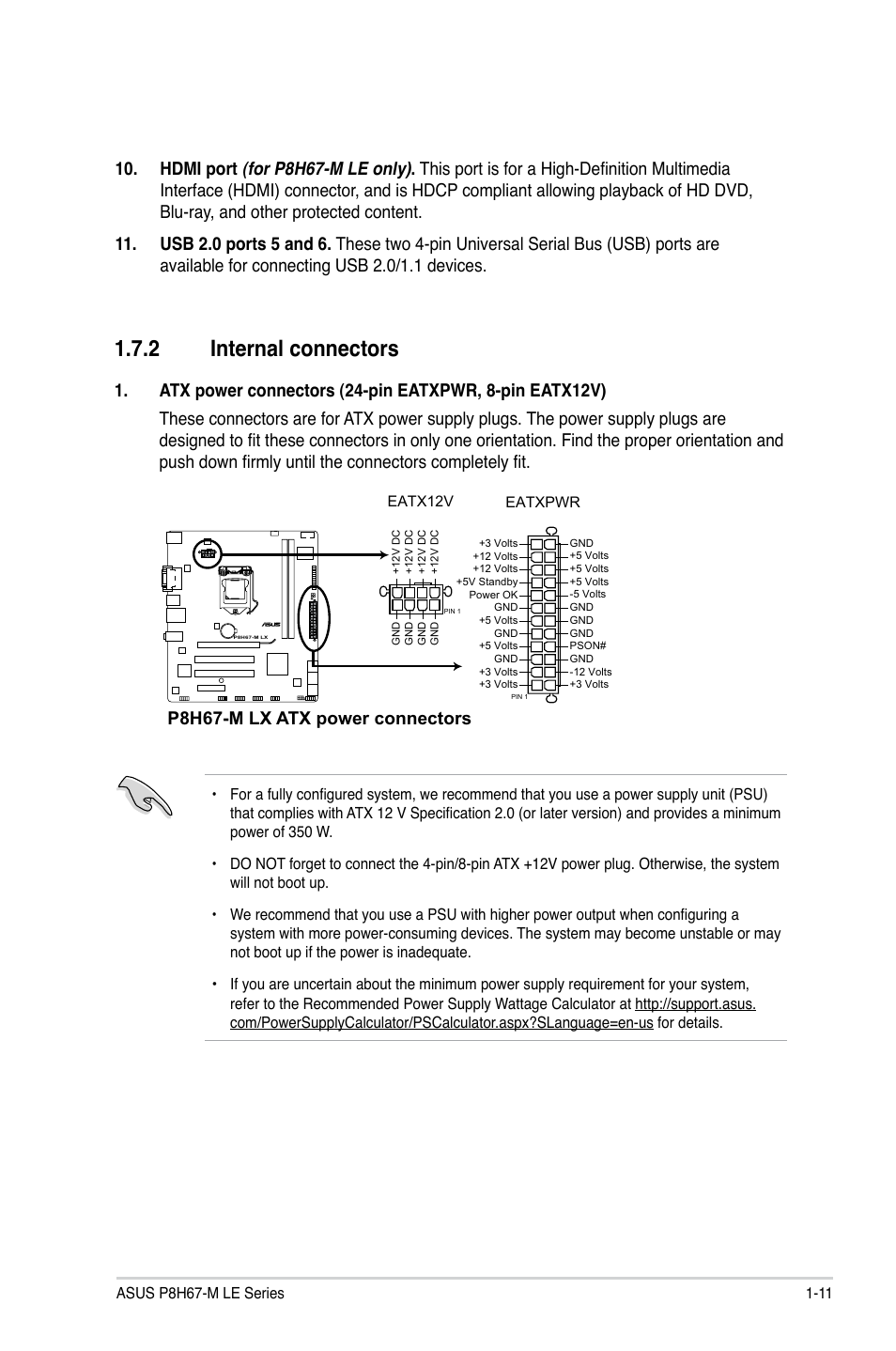 2 internal connectors, Internal connectors -11, P8h67-m lx atx power connectors | Asus P8H67-M LX User Manual | Page 21 / 58