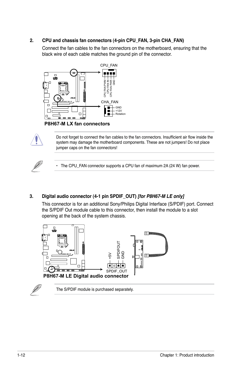 P8h67-m lx fan connectors, P8h67-m le digital audio connector | Asus P8H67-M LX User Manual | Page 22 / 58