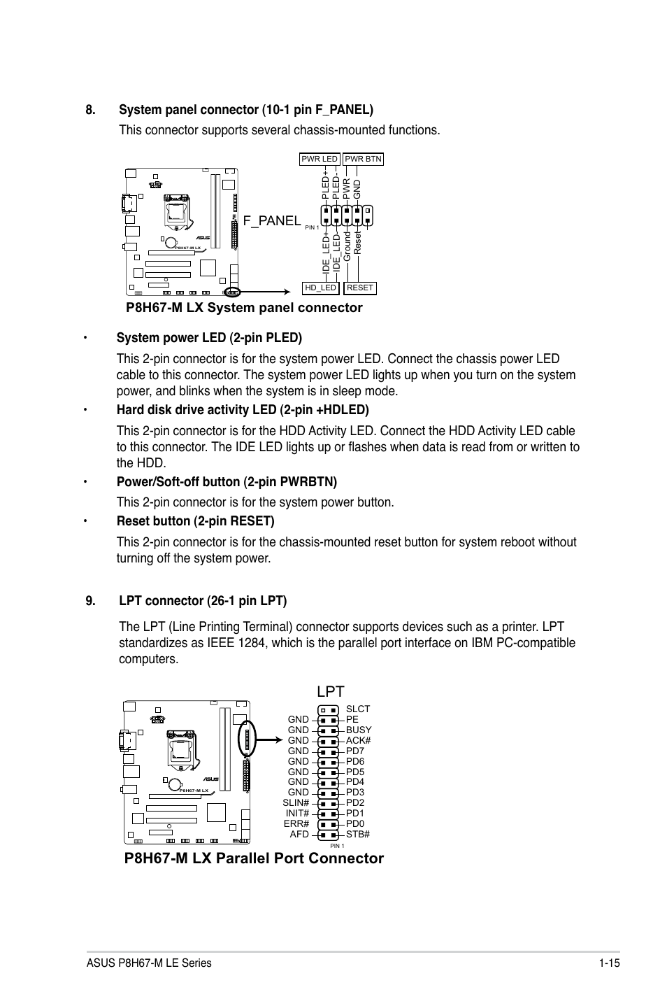 P8h67-m lx parallel port connector, F_panel | Asus P8H67-M LX User Manual | Page 25 / 58