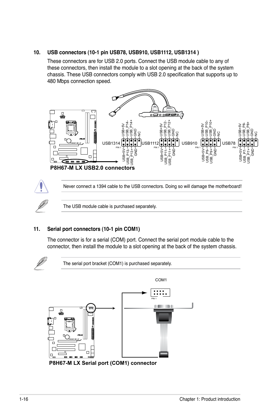 P8h67-m lx serial port (com1) connector, 16 chapter 1: product introduction | Asus P8H67-M LX User Manual | Page 26 / 58