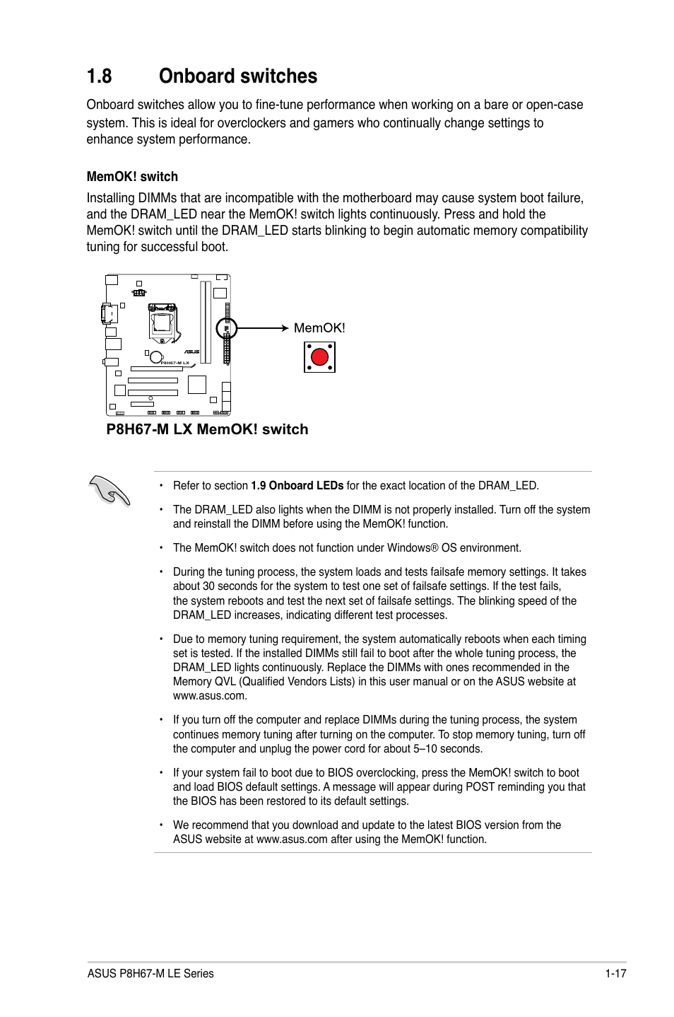 8 onboard switches, Onboard switches -17 | Asus P8H67-M LX User Manual | Page 27 / 58