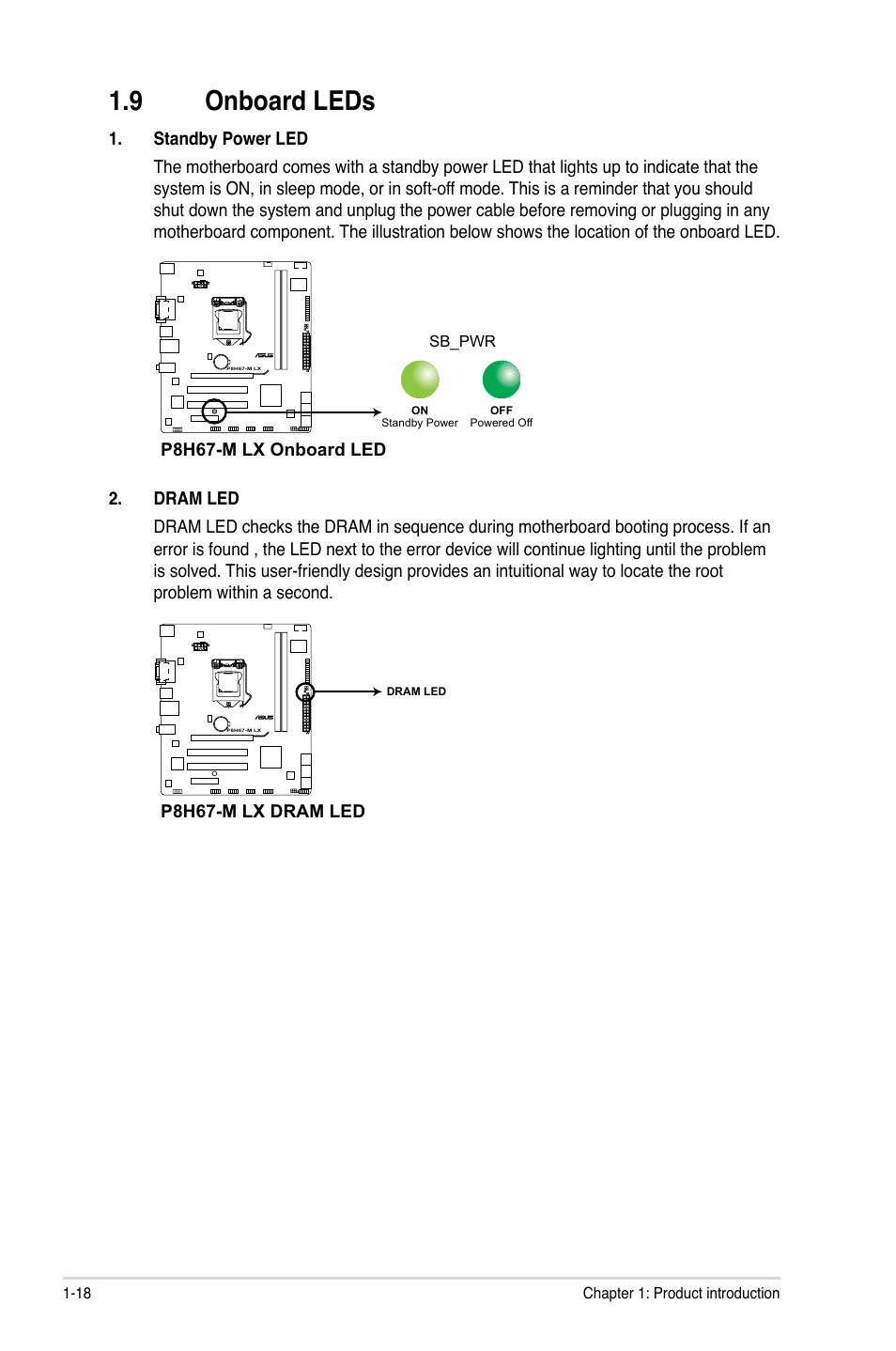 9 onboard leds, Onboard leds -18 | Asus P8H67-M LX User Manual | Page 28 / 58