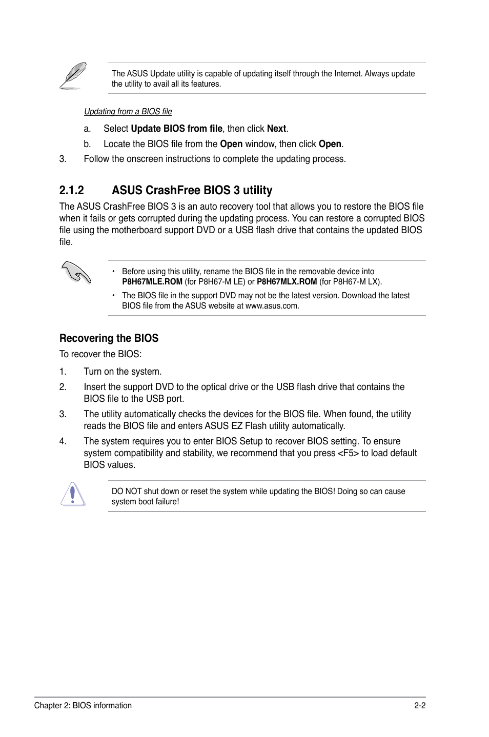 2 asus crashfree bios 3 utility, Asus crashfree bios 3 utility -2 | Asus P8H67-M LX User Manual | Page 31 / 58