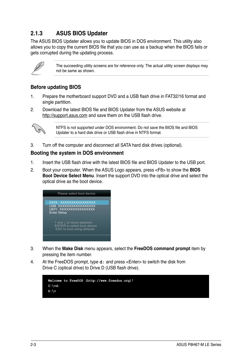 3 asus bios updater, Asus bios updater -3, Before updating bios | Booting the system in dos environment | Asus P8H67-M LX User Manual | Page 32 / 58