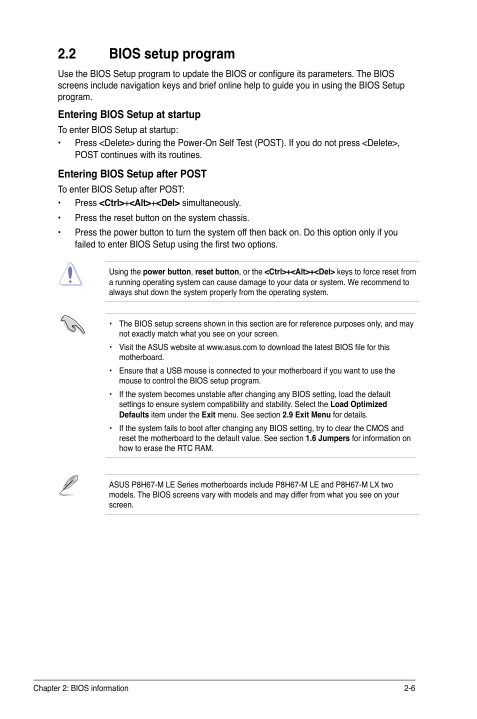 2 bios setup program, Bios setup program -6 | Asus P8H67-M LX User Manual | Page 35 / 58