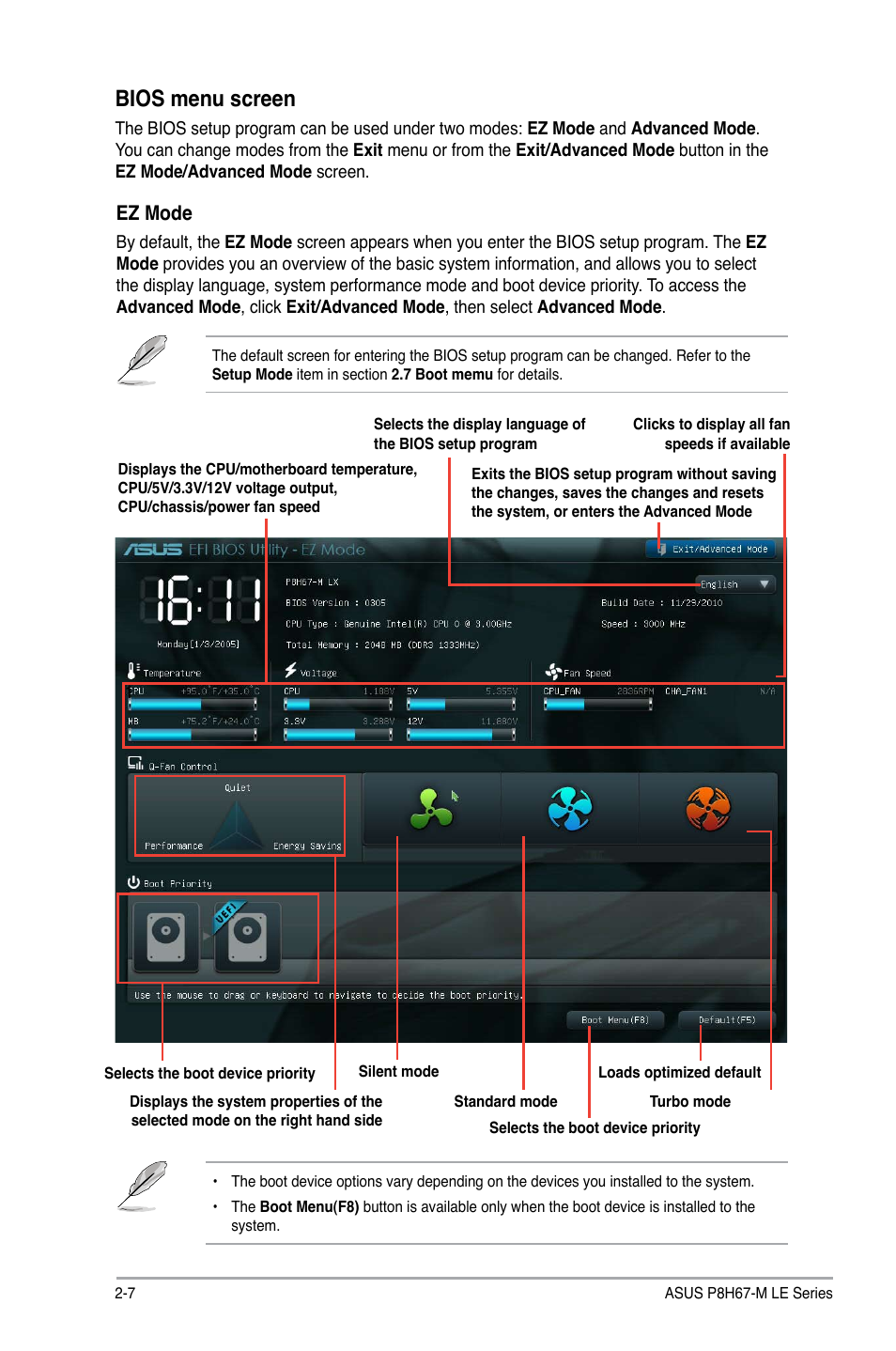 Bios menu screen, Ez mode | Asus P8H67-M LX User Manual | Page 36 / 58