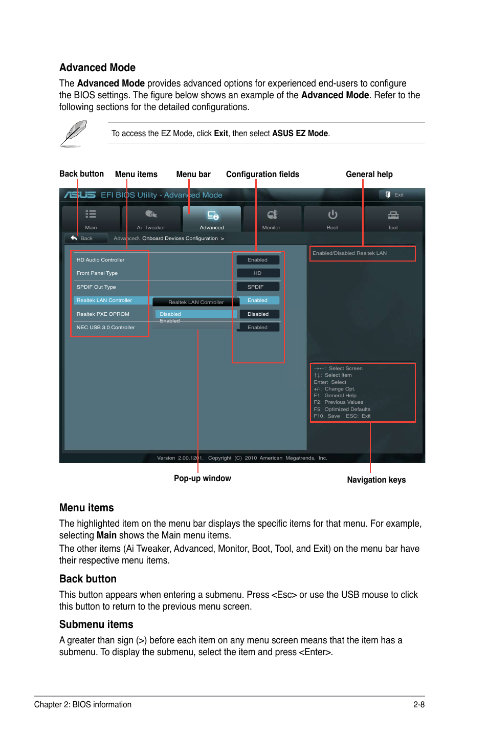 Advanced mode, Menu items, Back button | Submenu items | Asus P8H67-M LX User Manual | Page 37 / 58