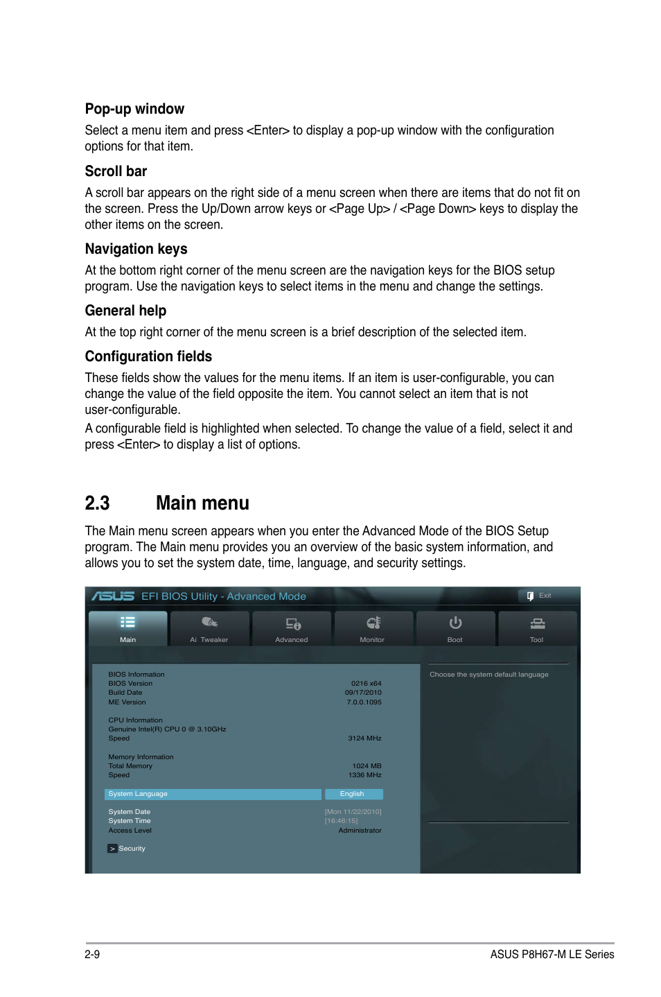 3 main menu, Main menu -9, Pop-up window | Scroll bar, Navigation keys, General help, Configuration fields | Asus P8H67-M LX User Manual | Page 38 / 58