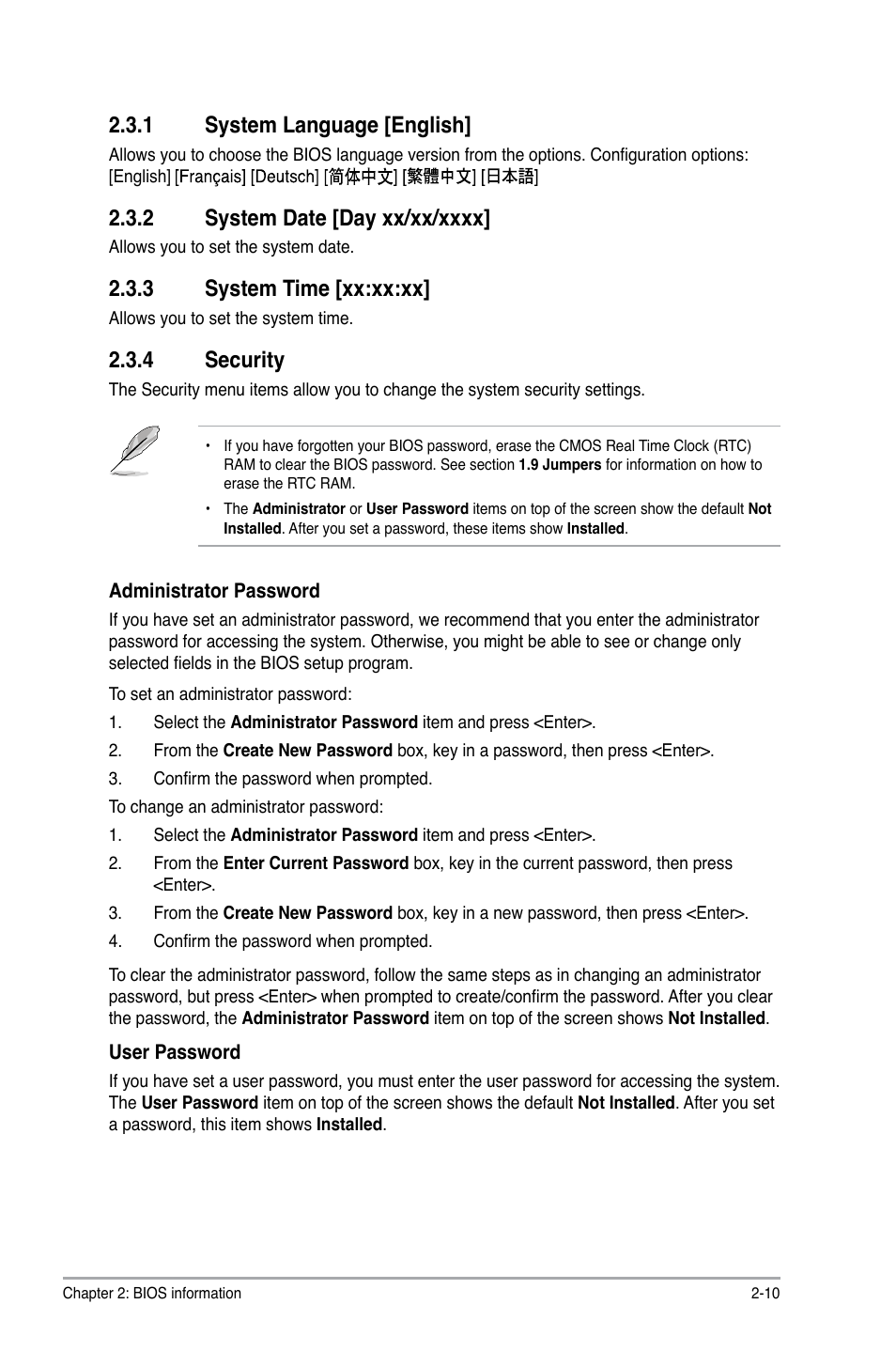 1 system language [english, 2 system date [day xx/xx/xxxx, 3 system time [xx:xx:xx | 4 security, System language -10, System date -10, System time -10, Security -10 | Asus P8H67-M LX User Manual | Page 39 / 58