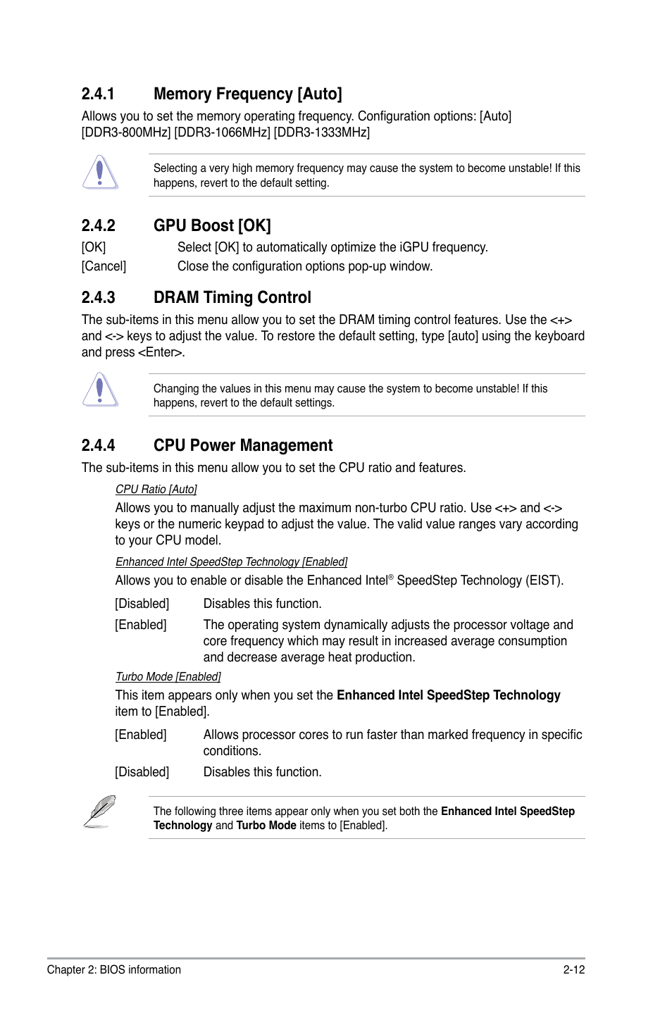 1 memory frequency [auto, 2 gpu boost [ok, 3 dram timing control | 4 cpu power management, Memory frequency -12, Gpu boost -12, Dram timing control -12, Cpu power management -12 | Asus P8H67-M LX User Manual | Page 41 / 58