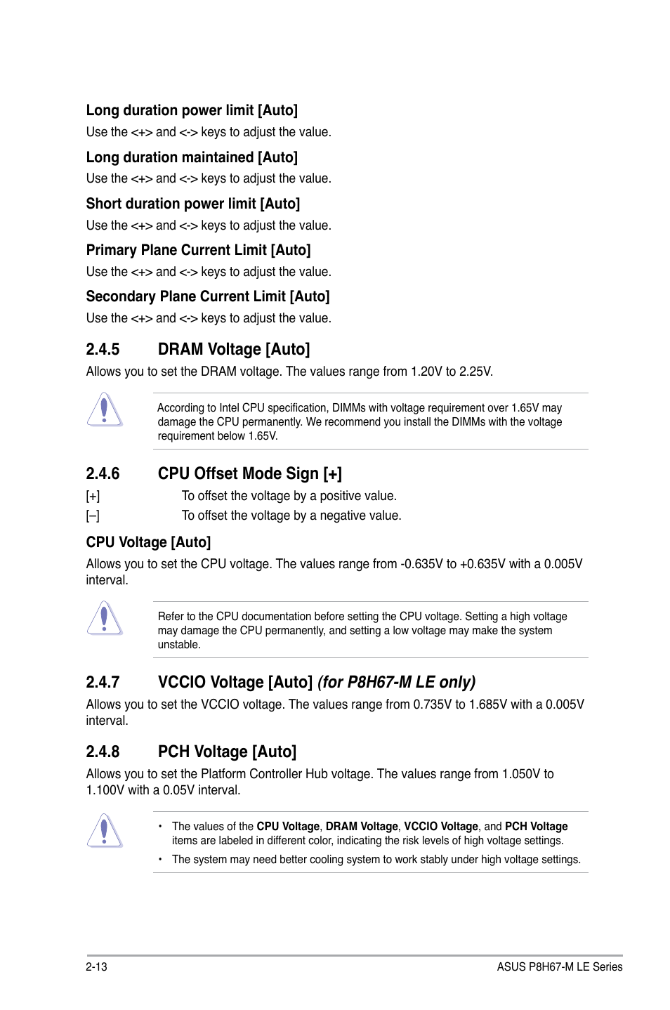 5 dram voltage [auto, 6 cpu offset mode sign, 7 vccio voltage [auto] (for p8h67-m le only) | 8 pch voltage [auto, Dram voltage -13, Cpu offset mode sign -13, Vccio voltage, For p8h67-m le only) -13, Pch voltage -13 | Asus P8H67-M LX User Manual | Page 42 / 58