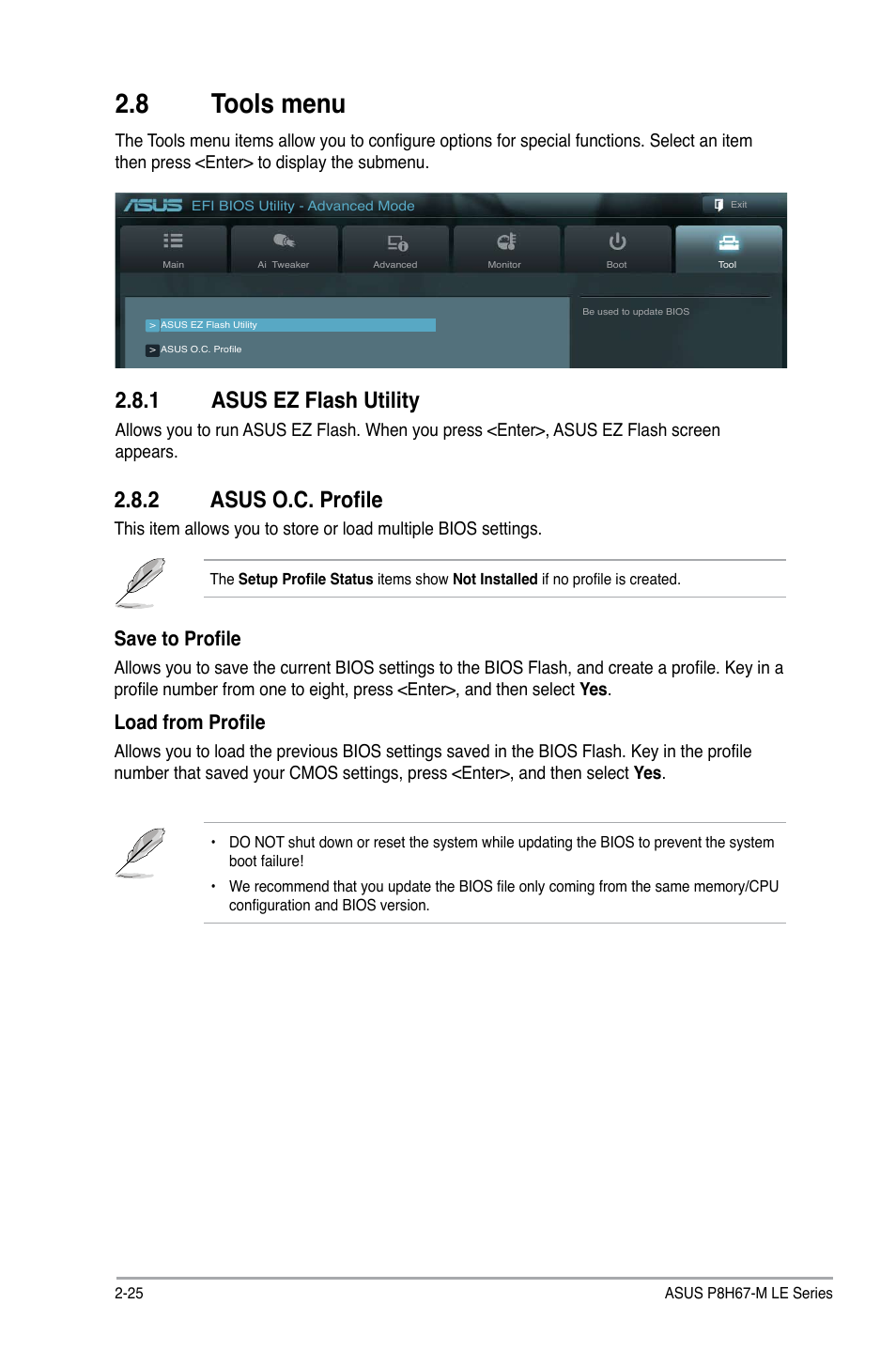 8 tools menu, 1 asus ez flash utility, 2 asus o.c. profile | Tools menu -25 2.8.1, Asus ez flash utility -25, Asus o.c. profile -25, Save to profile, Load from profile | Asus P8H67-M LX User Manual | Page 54 / 58