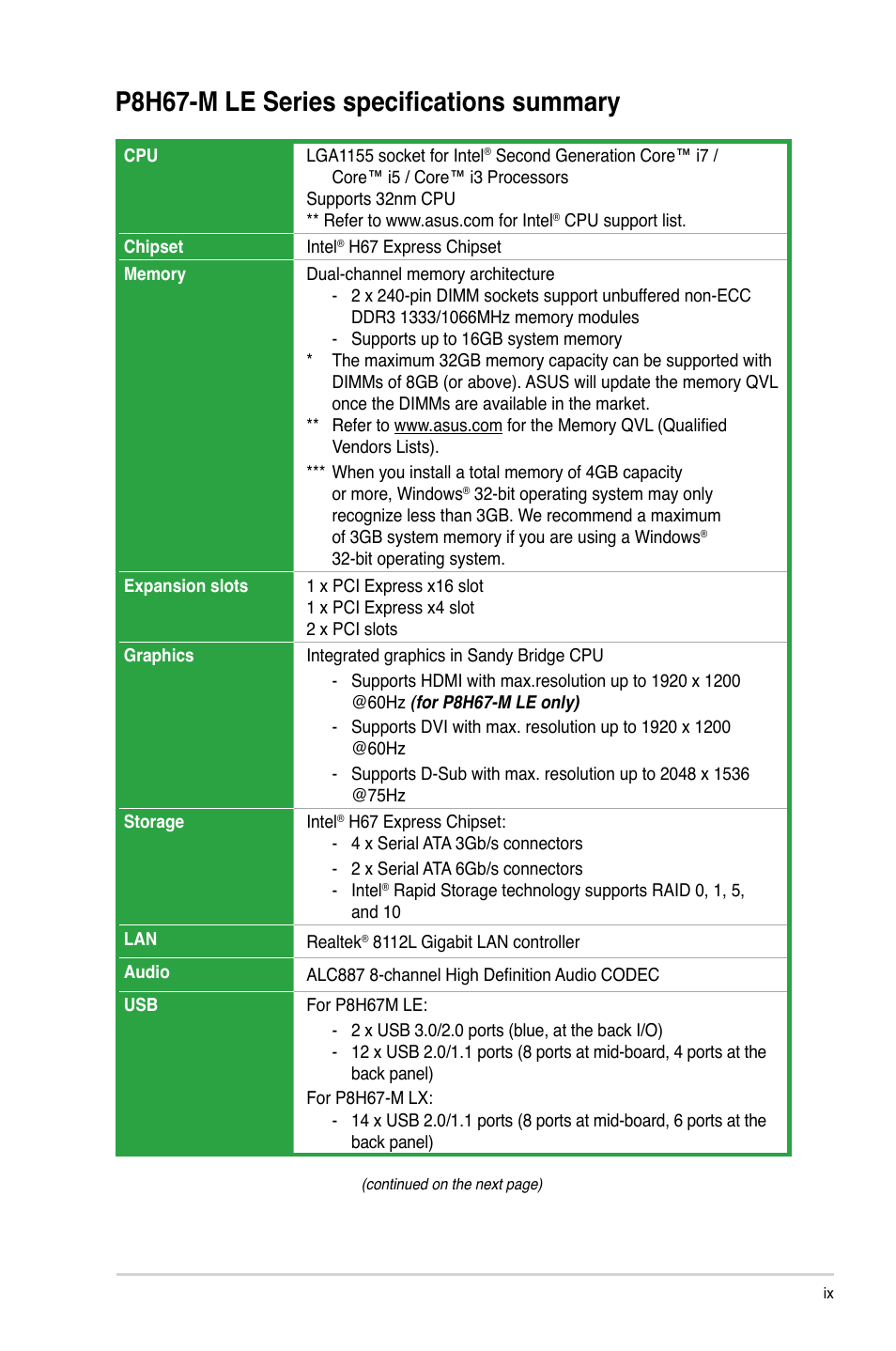 P8h67-m le series specifications summary | Asus P8H67-M LX User Manual | Page 9 / 58