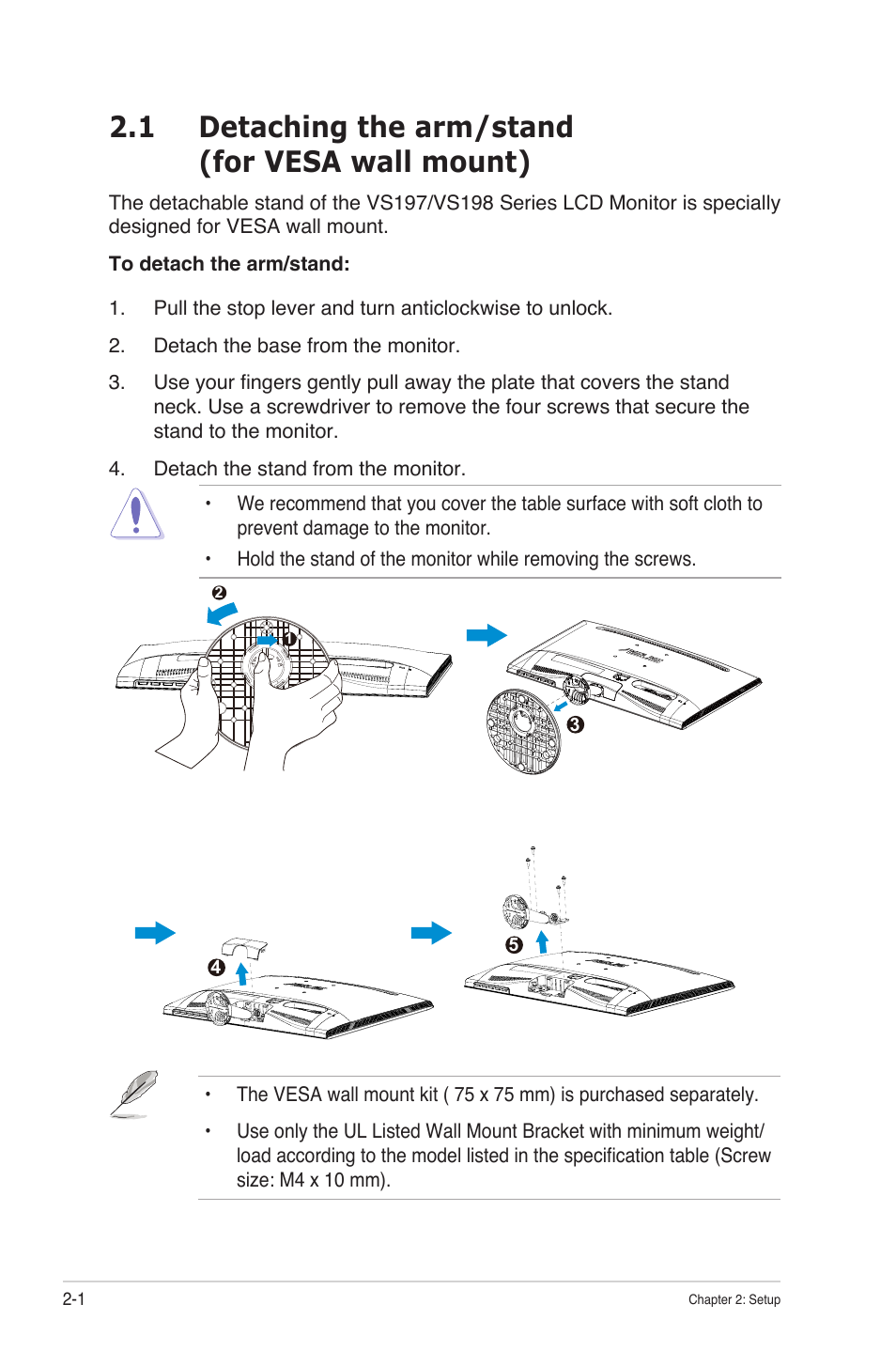 1 detaching the arm/stand (for vesa wall mount) | Asus VS197TE User Manual | Page 12 / 20