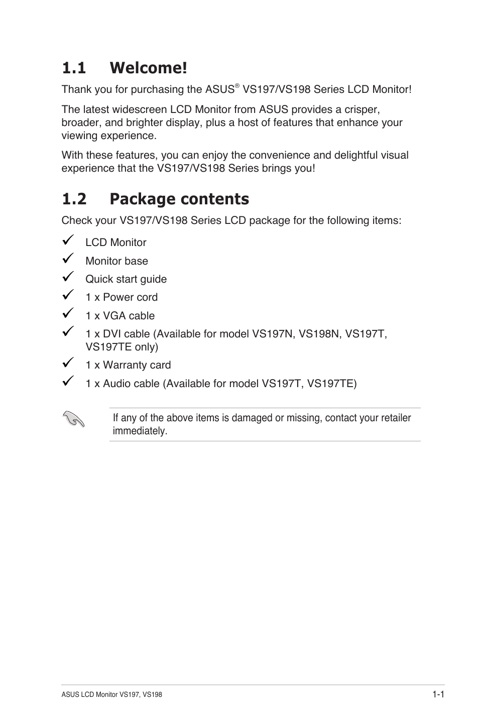 1 welcome, 2 package contents | Asus VS197TE User Manual | Page 7 / 20