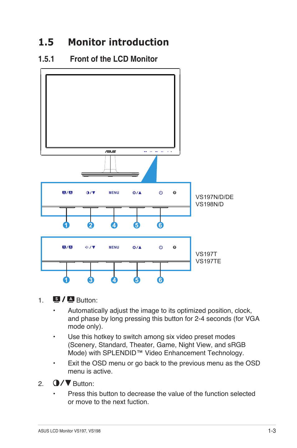 5 monitor introduction, 1 front of the lcd monitor | Asus VS197TE User Manual | Page 9 / 20