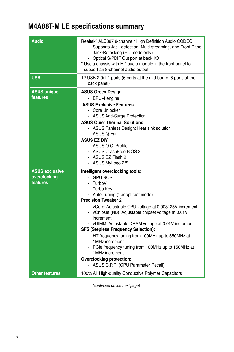 M4a88t-m le specifications summary | Asus M4A88T-M LE User Manual | Page 10 / 74