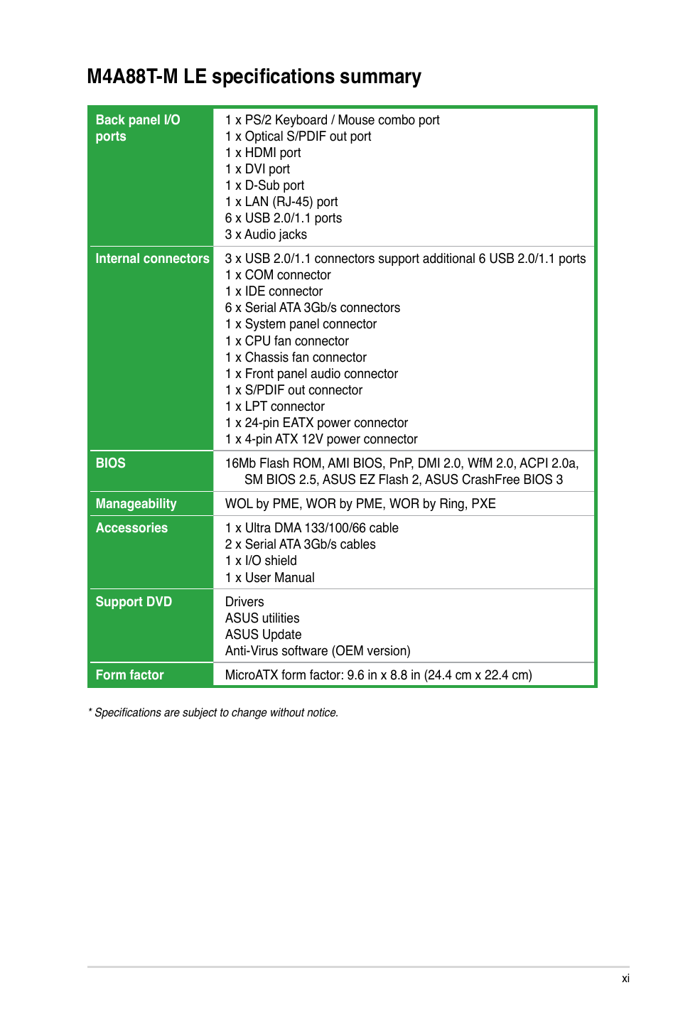 M4a88t-m le specifications summary | Asus M4A88T-M LE User Manual | Page 11 / 74