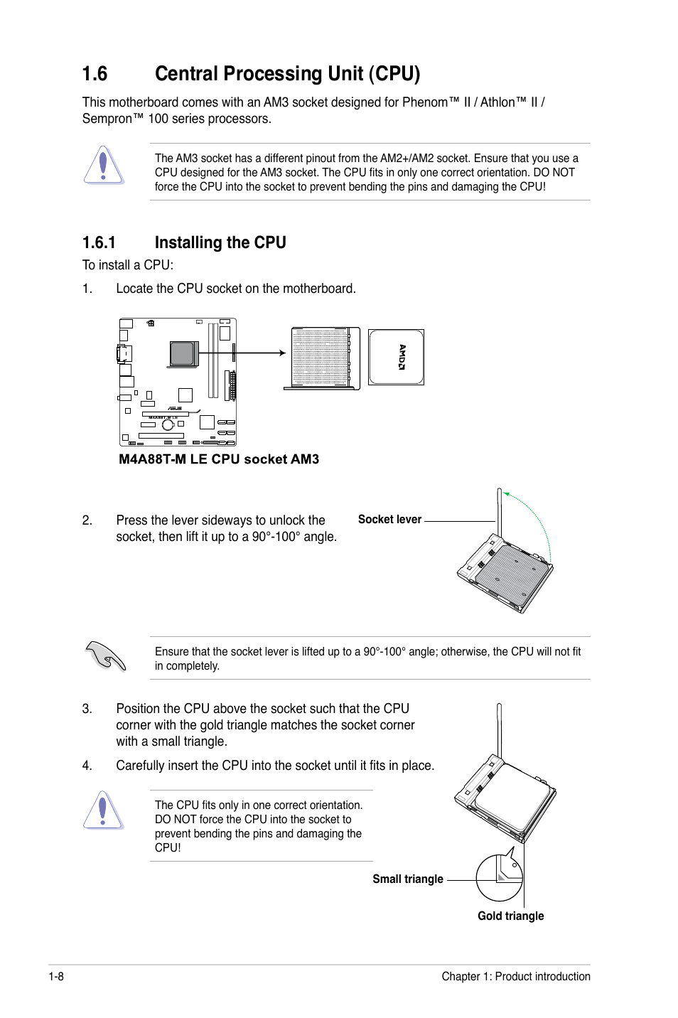 6 central processing unit (cpu), 1 installing the cpu, Central processing unit (cpu) -8 1.6.1 | Installing the cpu -8 | Asus M4A88T-M LE User Manual | Page 20 / 74