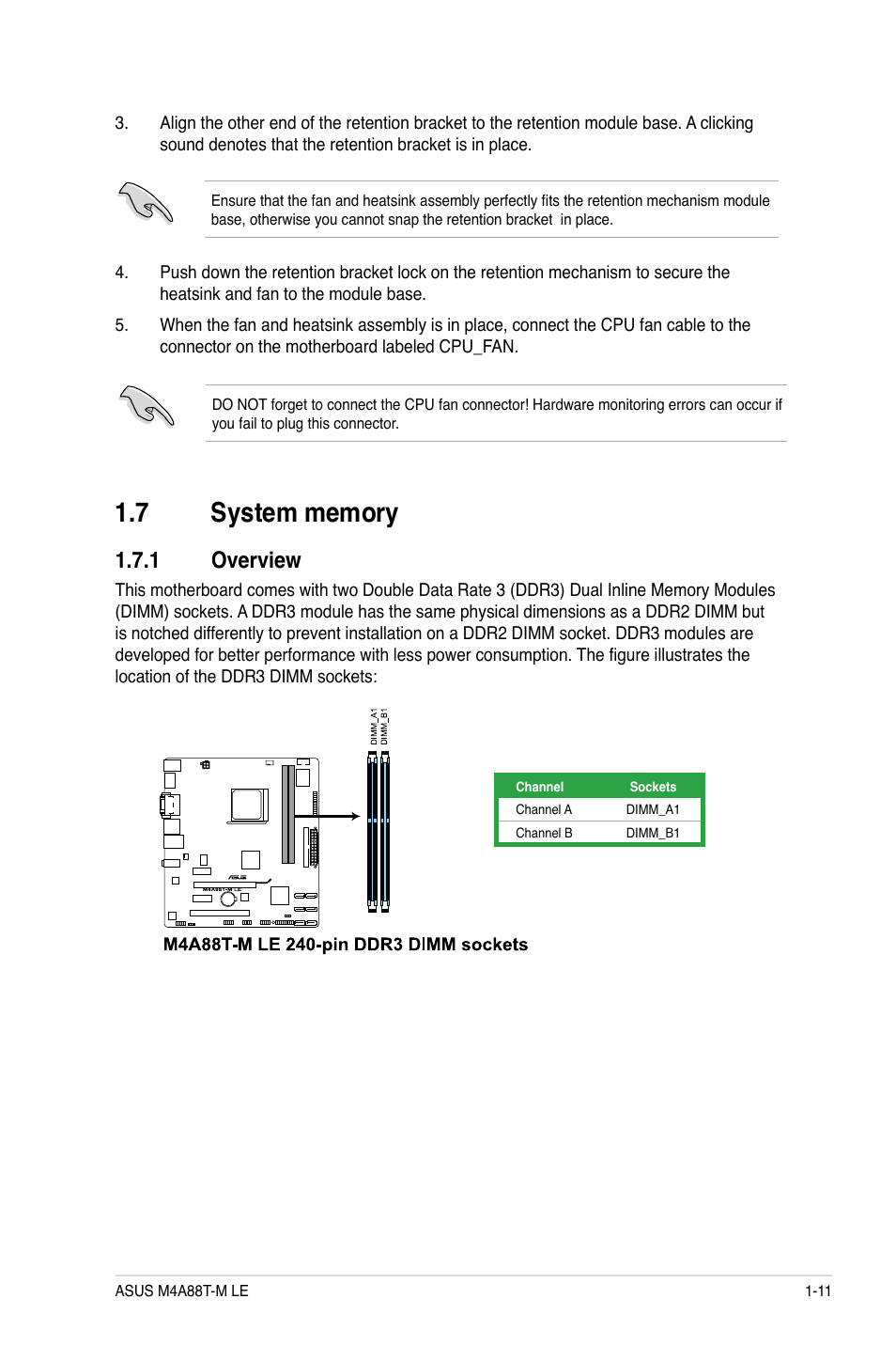 7 system memory, 1 overview, System memory -11 1.7.1 | Overview -11 | Asus M4A88T-M LE User Manual | Page 23 / 74