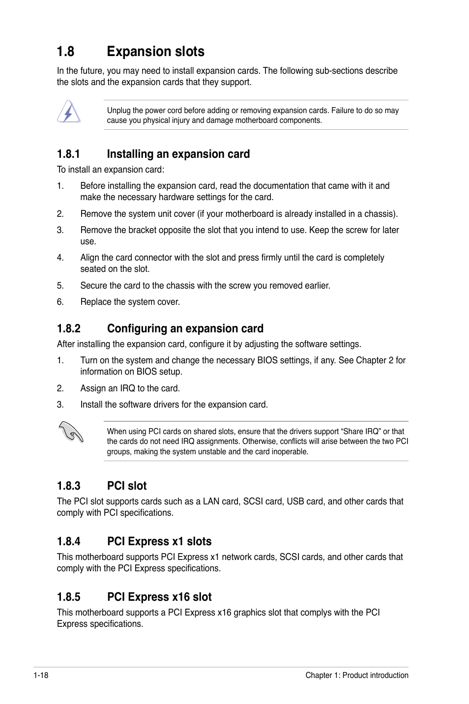 8 expansion slots, 1 installing an expansion card, 2 configuring an expansion card | 3 pci slot, 4 pci express x1 slots, 5 pci express x16 slot, Expansion slots -18 1.8.1, Installing an expansion card -18, Configuring an expansion card -18, Pci slot -18 | Asus M4A88T-M LE User Manual | Page 30 / 74