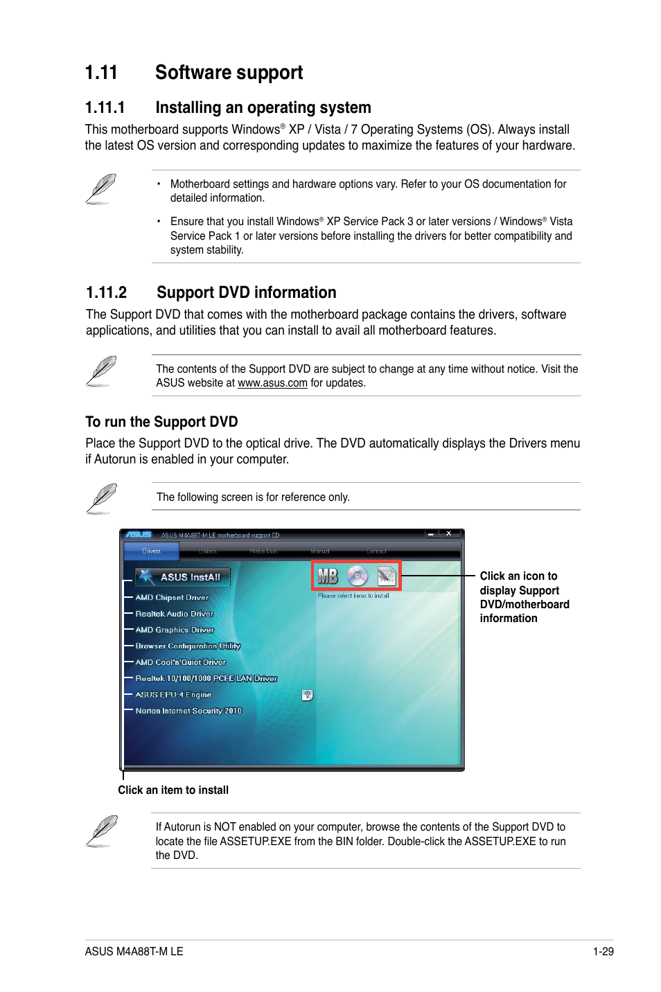 11 software support, 1 installing an operating system, 2 support dvd information | 11 software support -29 | Asus M4A88T-M LE User Manual | Page 41 / 74