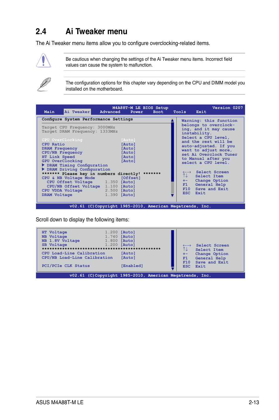 4 ai tweaker menu, Ai tweaker menu -13, Scroll down to display the following items | Asus M4A88T-M LE User Manual | Page 55 / 74