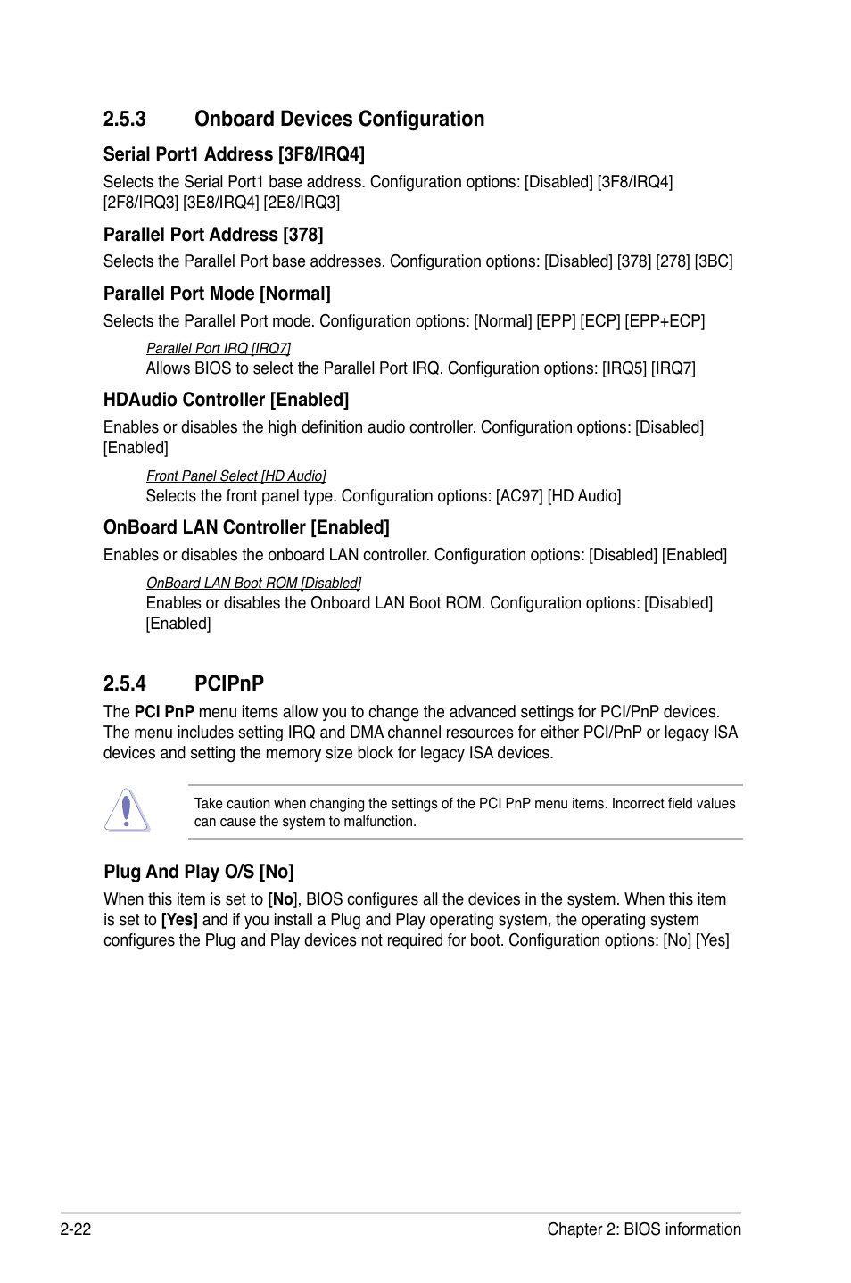 3 onboard devices configuration, 4 pcipnp, 3 onboard devices configuration -22 2.5.4 | Pcipnp -22 | Asus M4A88T-M LE User Manual | Page 64 / 74