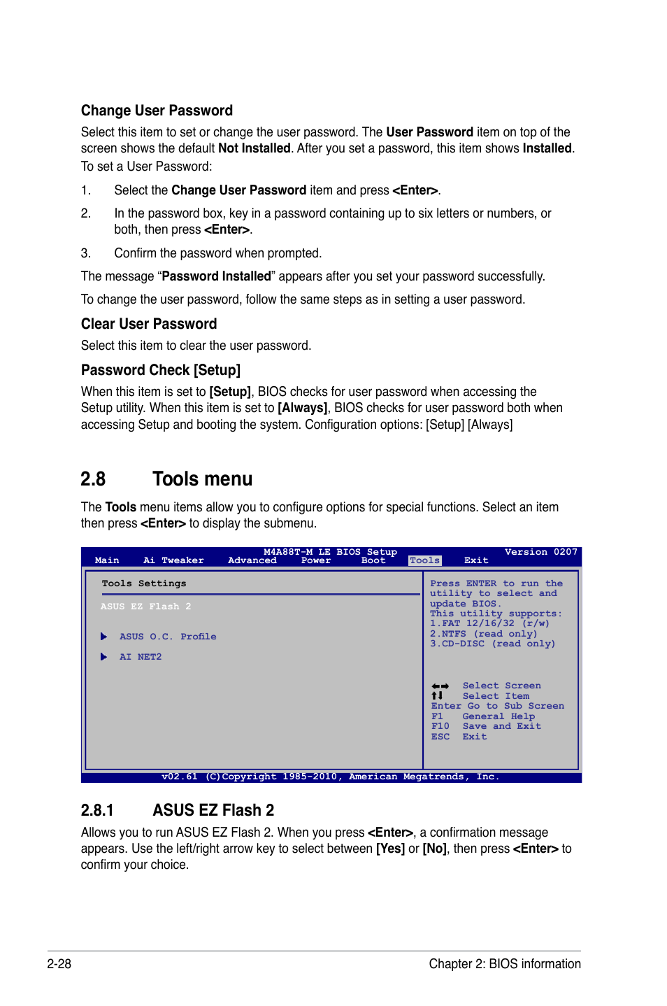 8 tools menu, 1 asus ez flash 2, Tools menu -28 2.8.1 | Asus ez flash 2 -28, Change user password, Clear user password, Password check [setup | Asus M4A88T-M LE User Manual | Page 70 / 74