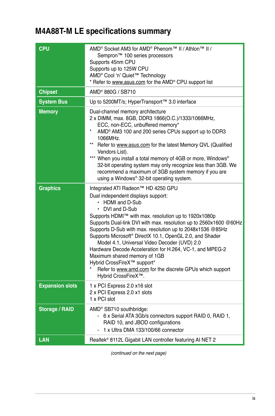 M4a88t-m le specifications summary | Asus M4A88T-M LE User Manual | Page 9 / 74