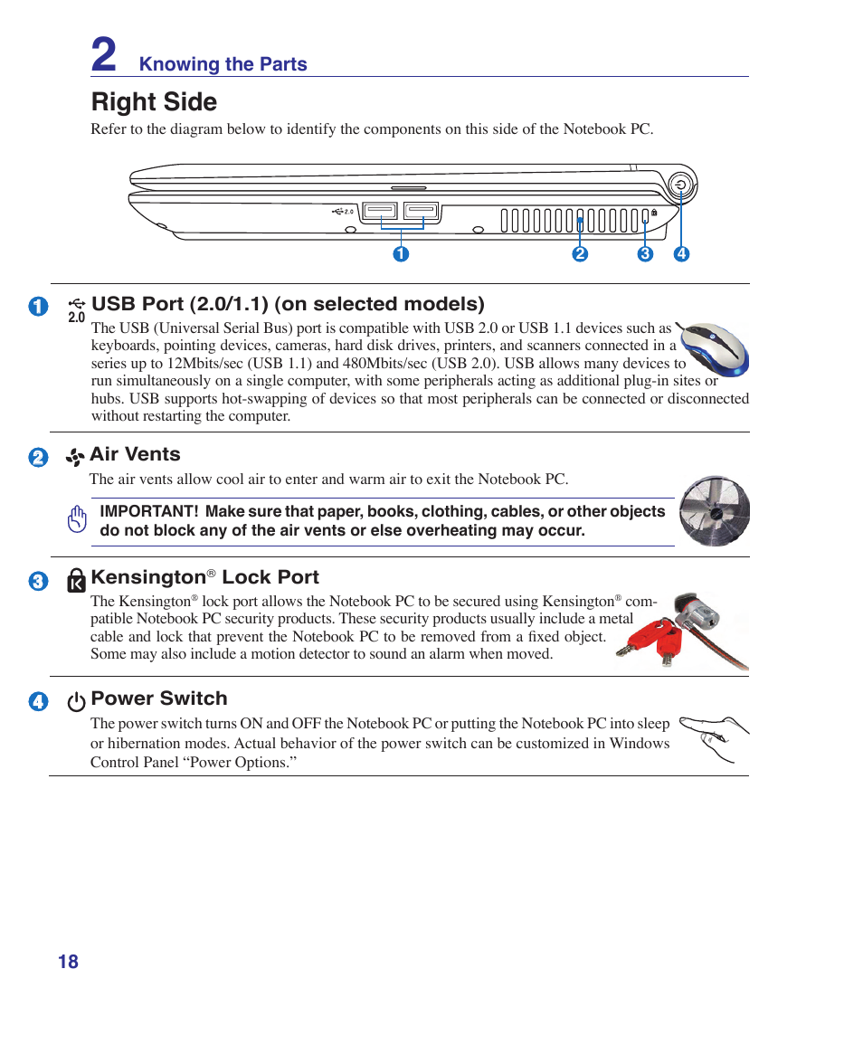 Right side | Asus F8SV User Manual | Page 18 / 89