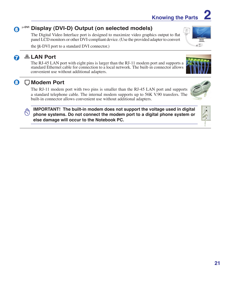 21 knowing the parts, Modem port, Lan port | Display (dvi-d) output (on selected models) | Asus F8SV User Manual | Page 21 / 89
