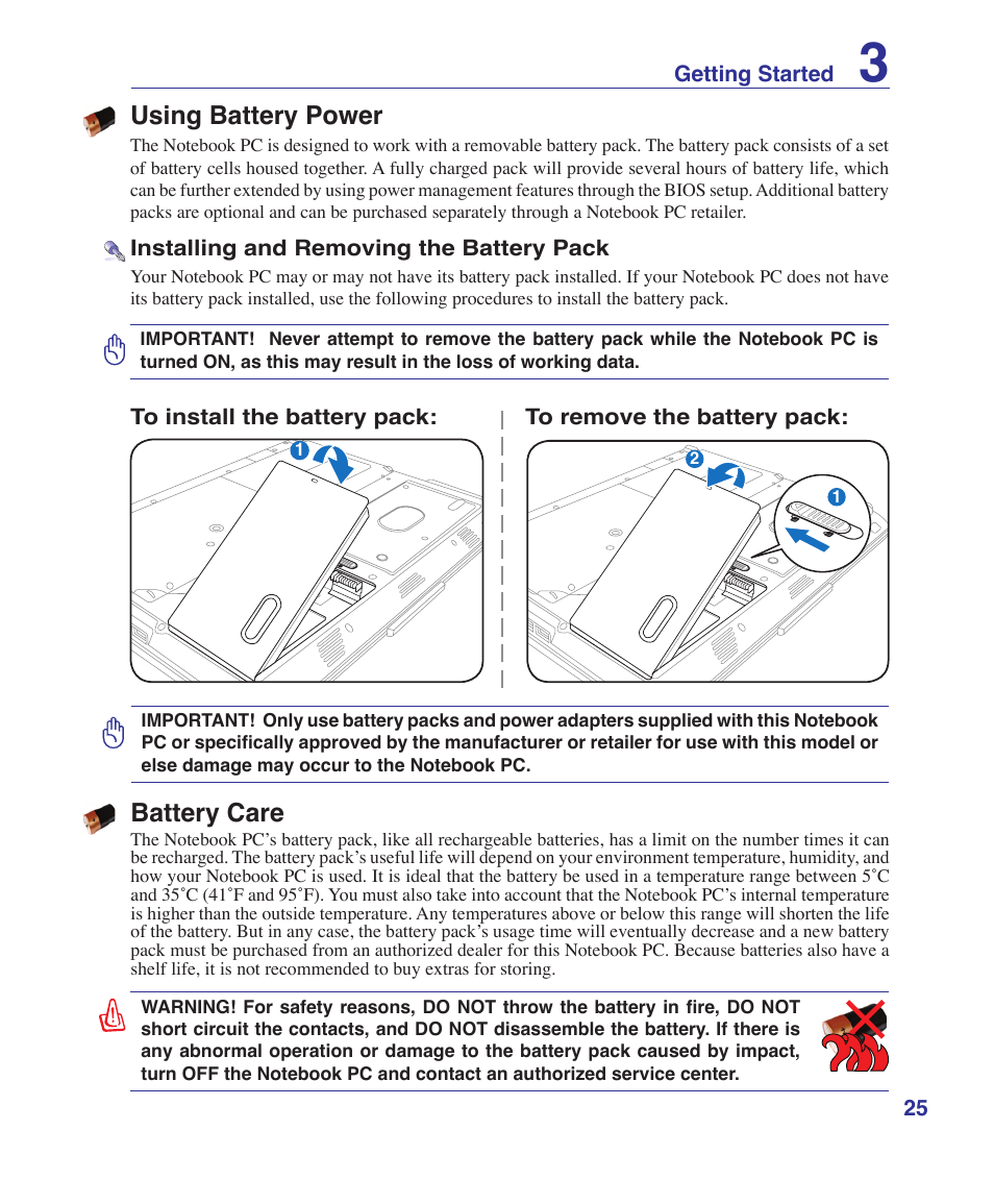 Using battery power, Battery care | Asus F8SV User Manual | Page 25 / 89