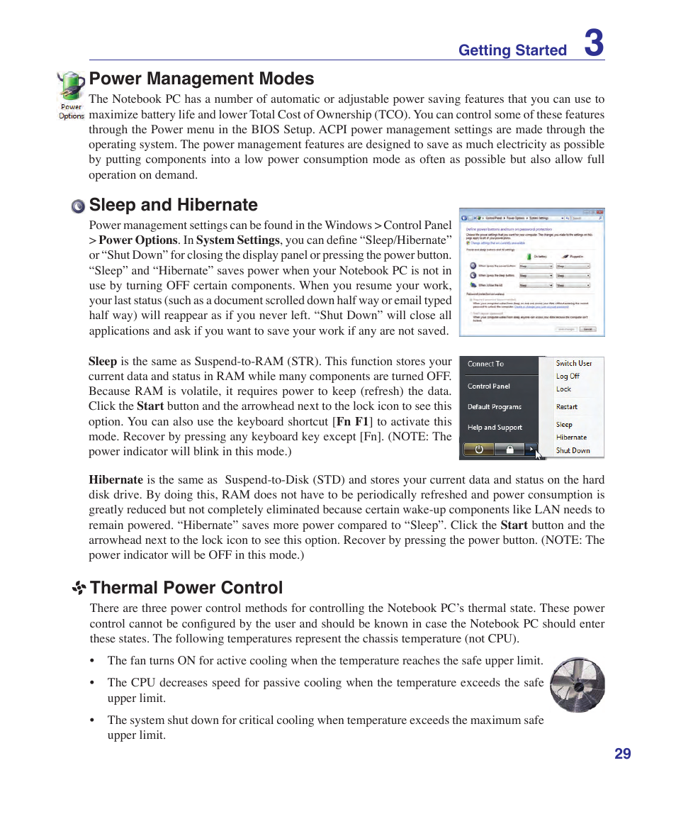 Power management modes, Sleep and hibernate, Thermal power control | Asus F8SV User Manual | Page 29 / 89