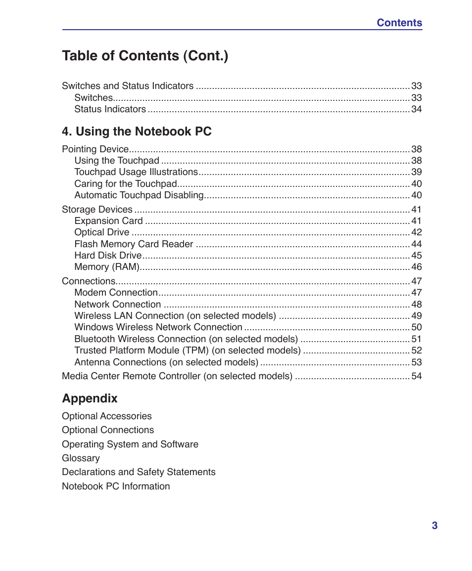 Table of contents (cont.) | Asus F8SV User Manual | Page 3 / 89