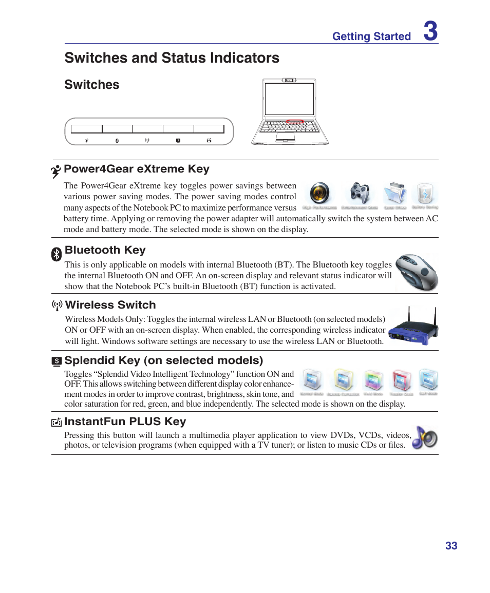 Switches and status indicators, Switches | Asus F8SV User Manual | Page 33 / 89