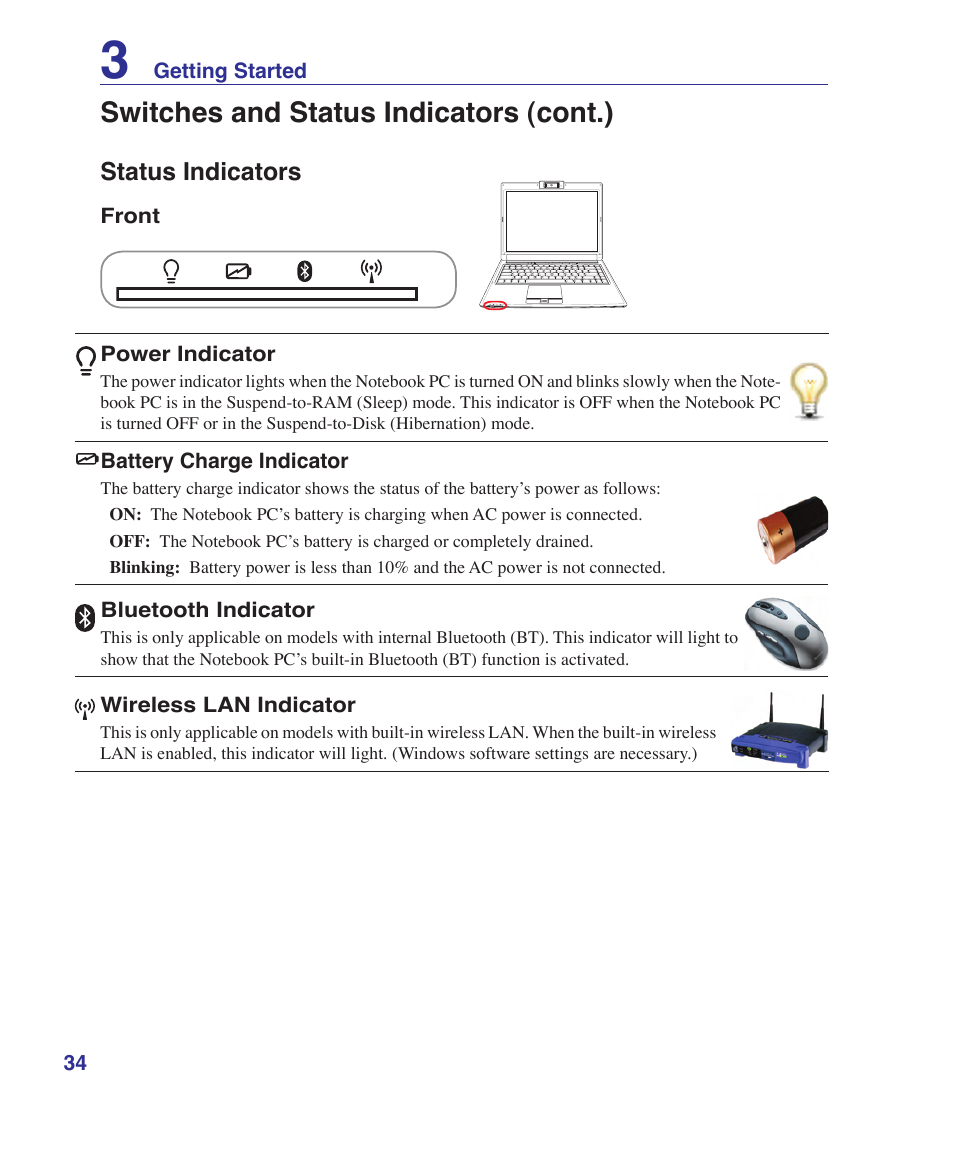 Status indicators, Switches and status indicators (cont.) | Asus F8SV User Manual | Page 34 / 89