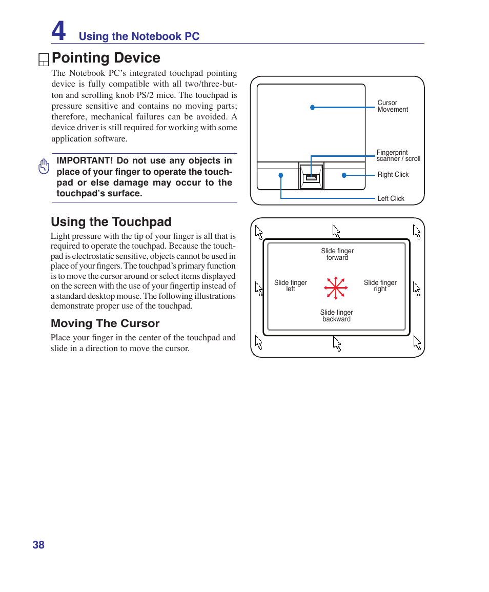 Pointing device, Using the touchpad | Asus F8SV User Manual | Page 38 / 89