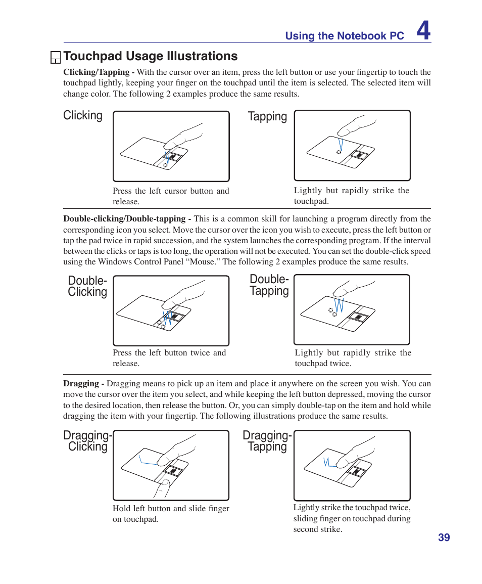 Touchpad usage illustrations, Dragging- clicking dragging- tapping | Asus F8SV User Manual | Page 39 / 89