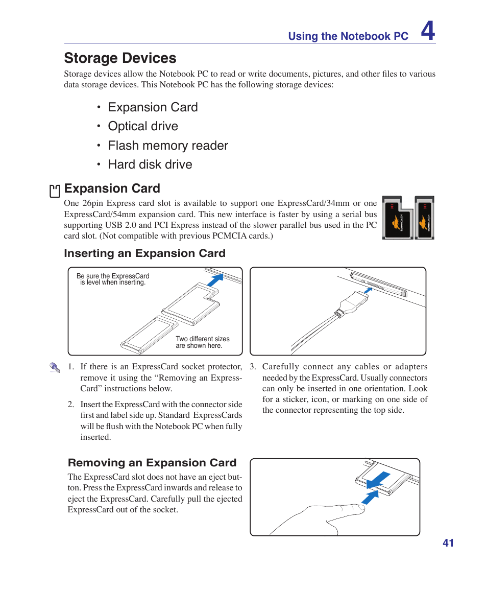 Storage devices, Expansion card | Asus F8SV User Manual | Page 41 / 89