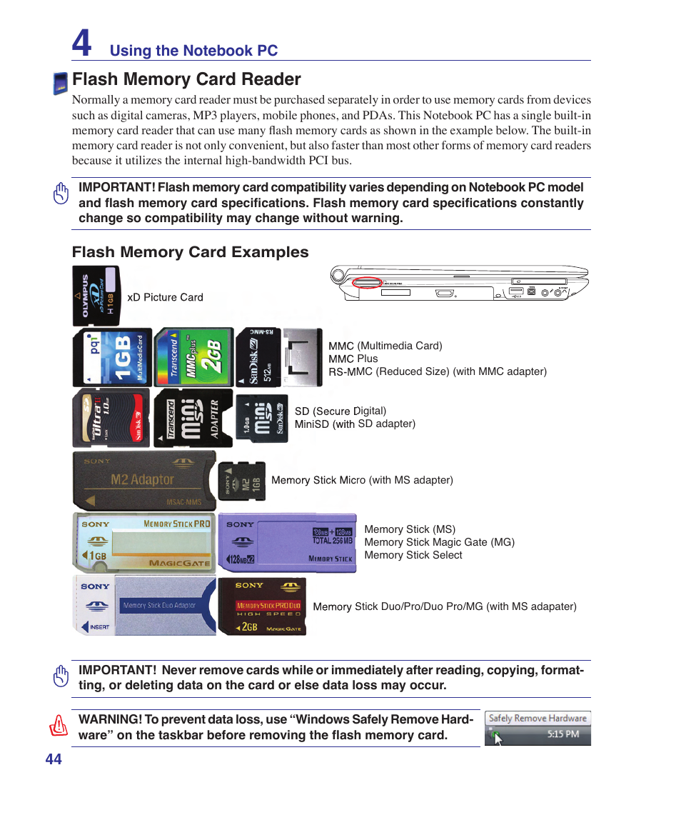 Flash memory card reader | Asus F8SV User Manual | Page 44 / 89