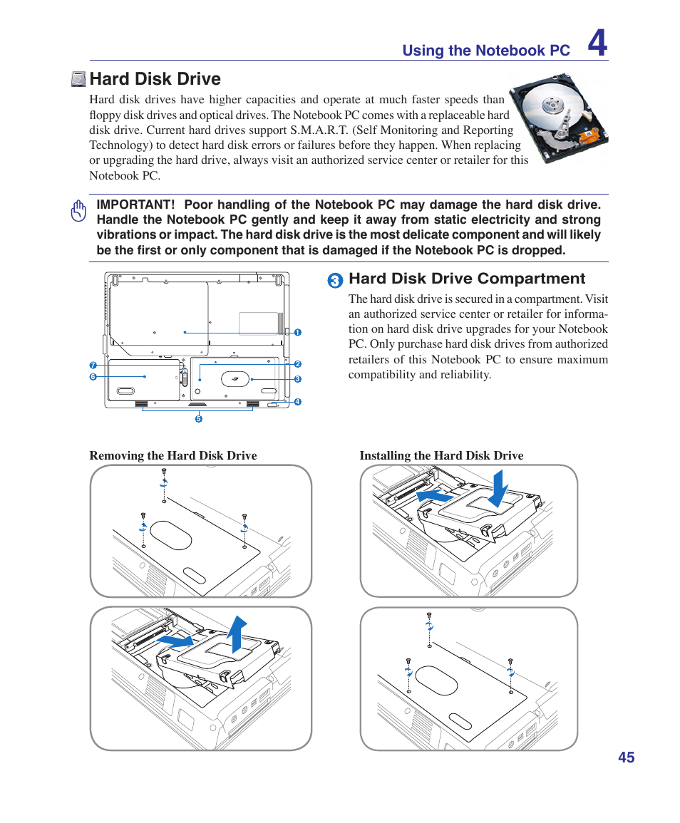 Hard disk drive, Hard disk drive compartment | Asus F8SV User Manual | Page 45 / 89