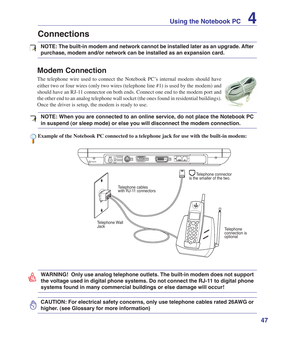 Connections, Modem connection | Asus F8SV User Manual | Page 47 / 89