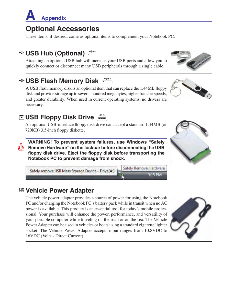 Optional accessories, Usb hub (optional), Vehicle power adapter | Usb floppy disk drive | Asus F8SV User Manual | Page 58 / 89