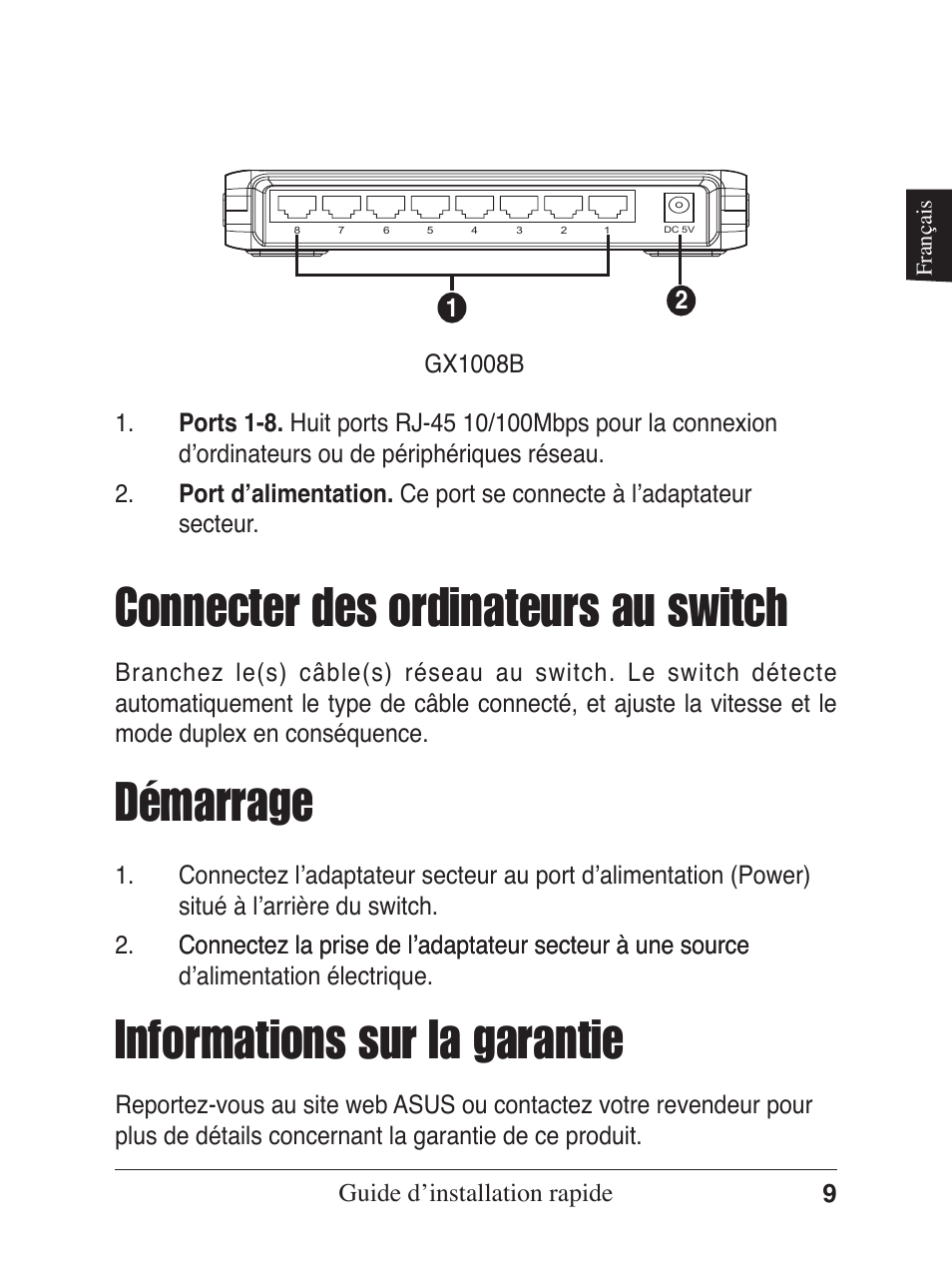 Démarrage, Connecter des ordinateurs au switch, Informations sur la garantie | Asus GX1005B V5 User Manual | Page 10 / 46