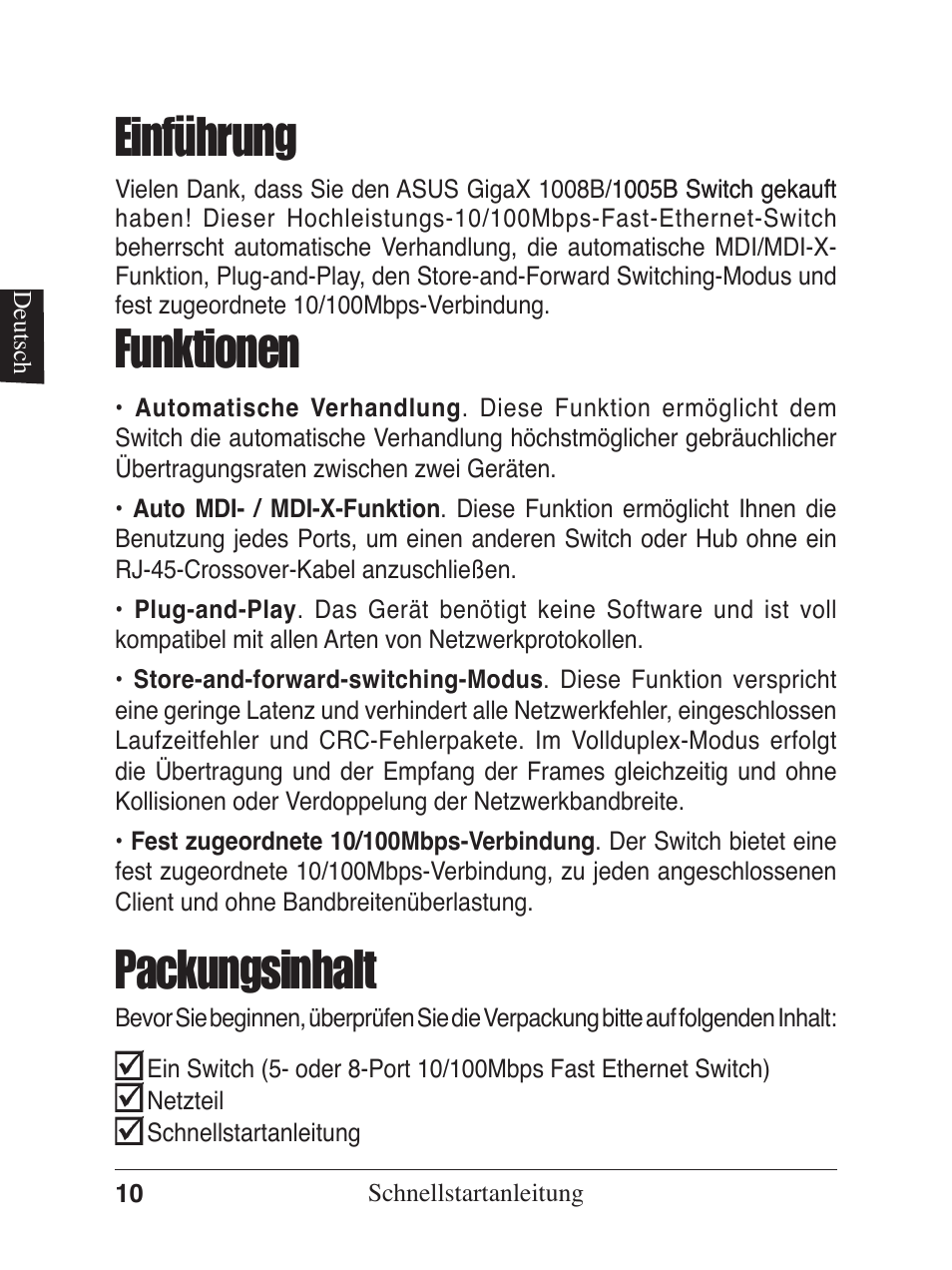 Einführung funktionen, Packungsinhalt | Asus GX1005B V5 User Manual | Page 11 / 46
