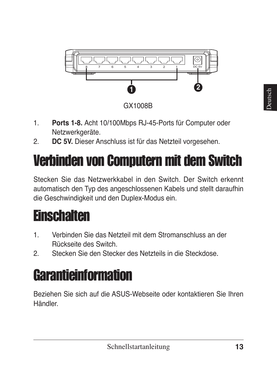 Einschalten, Verbinden von computern mit dem switch, Garantieinformation | Asus GX1005B V5 User Manual | Page 14 / 46