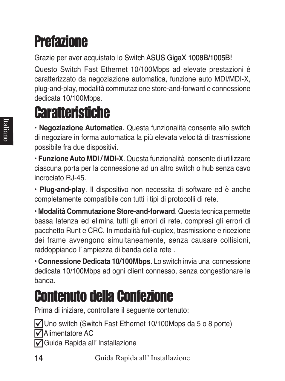 Prefazione caratteristiche, Contenuto della confezione | Asus GX1005B V5 User Manual | Page 15 / 46