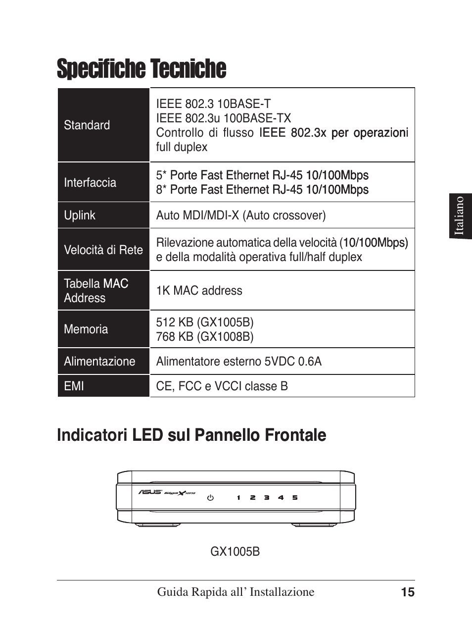 Specifiche tecniche | Asus GX1005B V5 User Manual | Page 16 / 46